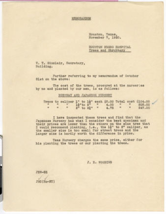 Memorandum from J. E. Wooding to W. T. Sinclair, 1928 November 7