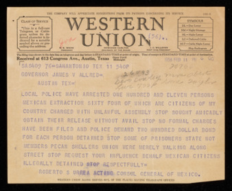 Telegram from Roberto S. Urrea to Governor James V. Allred, 1938 February 11