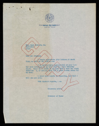 Copy of letter from Governor James V. Allred to Maco Stewart, Sr., 1938 March 22