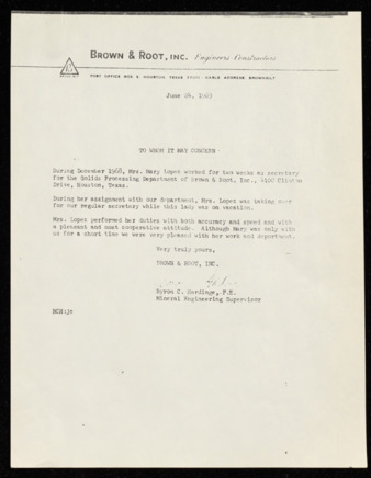 Letter of Reference, Byron C. Hardinge regarding Mary F. Lopez