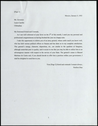 Translation of Letter from Porfirio Díaz to Lauro Carillo, Governor of Chihuahua, 1892 January 8 