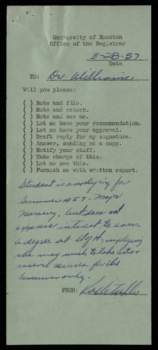 Letter from Clanton W. Wiliams to Carolyn Jean Patterson, concerning her application for the discontinured nursing program