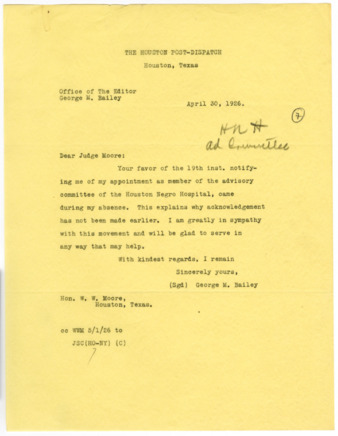 Letter from George M. Bailey to Judge Moore, 1926 April 30