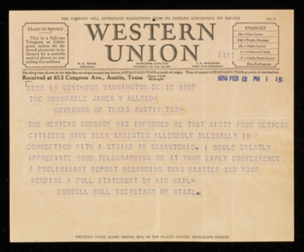 Telegram from Cordell Hull to James V. Allred, 1938 Februrary 12