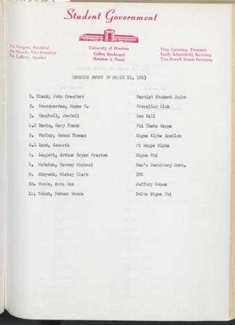 Hardbound Senate Journal, Student Government Representatives Sworn in March 11, 1963
