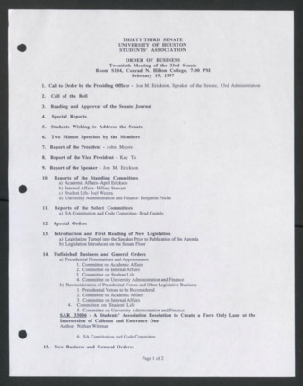 Thirty-third Senate, University of Houston, Students' Association, Order of Business, Twentieth Meeting, February 19, 1997