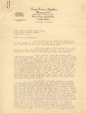 Letter from General Crane to Mrs. Minnie Fisher Cunningham