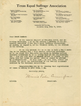 Letter to the Board Members of Texas Equal Suffrage Association