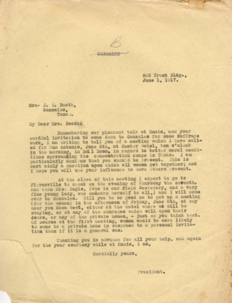 Letter from Minnie Fisher Cunningham to Mrs. J. H. Booth, 1917 June 1
