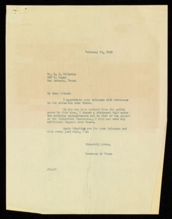 Letter from Governor James V. Allred to G. G. Gillette, 1938 