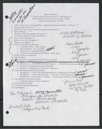 Order of Business [Agenda], 7th Senate Meeting of the 41st Administration, September 22, 2004