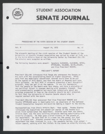 Senate Journal, Ninth Senate, University of Houston Student Government Association, Minutes, Vol. 9, No. 11, August 14, 1972