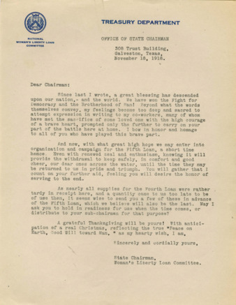 Letter from the State Chairman of the Woman's Liberty Loan Committee, regarding the Fifth Liberty Loan Drive