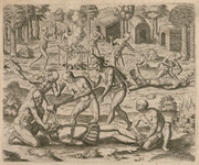 Die Indianer giessen den Spaniern zuersättigung ihres Geitzes geschmeltze Goldt in den Mund