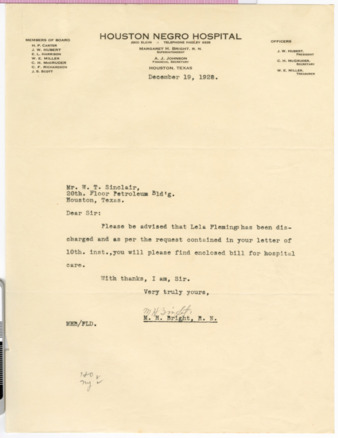 Letter from M. H. Bright to W. T. Sinclair, 1928 December 19