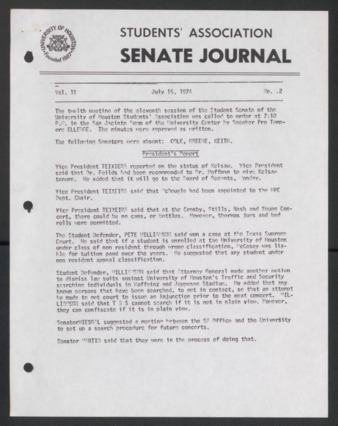 Senate Journal, Eleventh Senate, University of Houston Student Government Association, Minutes, Vol. 11, No. 12,  July 15, 1974