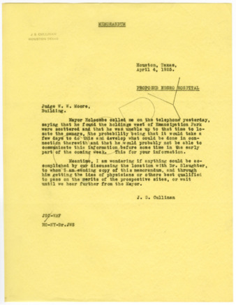 Memorandum from J. S. Cullinan to W. W. Moore, 1925 April 4