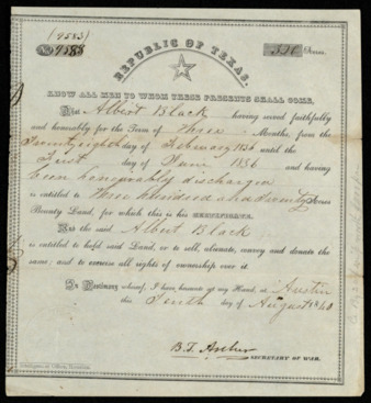 Certificate to Albert Black for land granted for veterans of San Jacinto