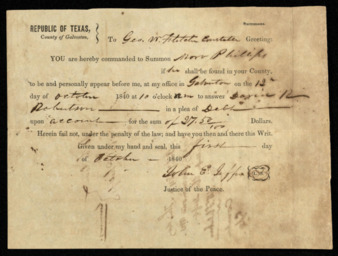 Printed and manuscript broadside summons to Moro Phillips