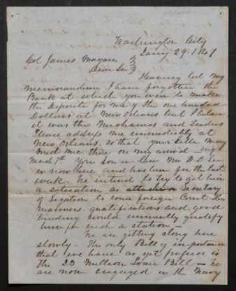 Letter from David Kaufman to James P. Morgan regarding deposit of funds in New Orleans