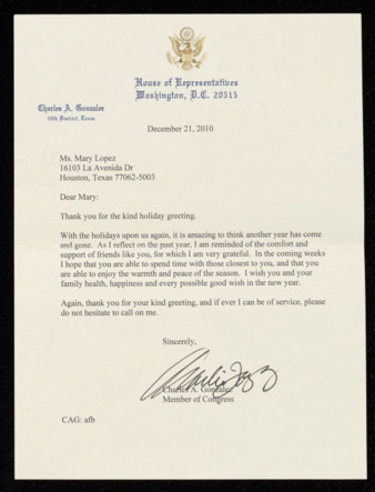 Letter from Charles A. Gonzalez to Mary F. Lopez, December 21, 2010