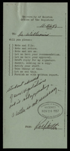 Undergraduate Application to College of Architecture for Robert Morris Bossett (with memo)