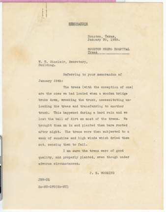 Memorandum from J. E. Wooding to W. T. Sinclair, 1929 January 30