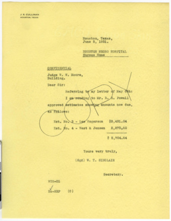 Letter from W. T. Sinclair to W. W. Moore, 1931 June 5