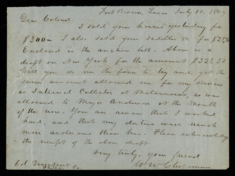 Letter from William W. Chapman to Col. Davenport regarding the sale of horses and saddles