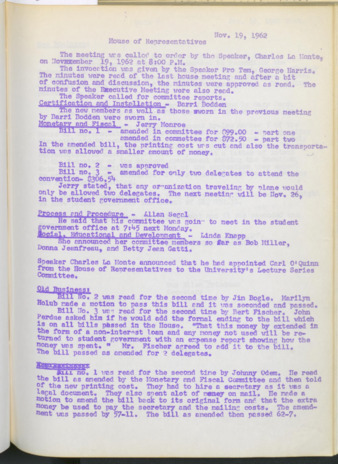 Hardbound Senate Journal, House of Representatives, Minutes, November 19, 1962