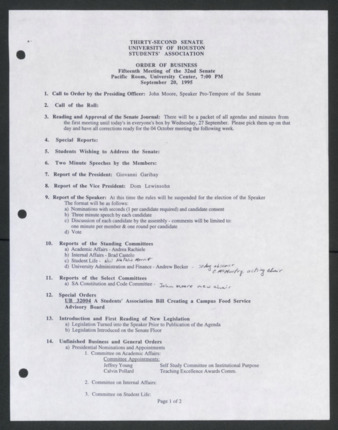Thirty-second Senate, University of Houston, Students' Association, Order of Business [Agenda], Fifteenth Meeting, September 20, 1995