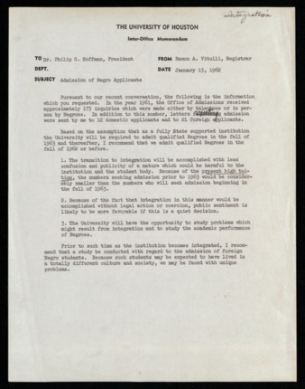 Memorandum from Ramon A. Vitulli to Philip G. Hoffman, concerning the admission of "negro" applicants