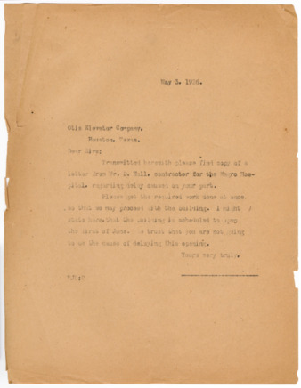 Letter from Maurice J. Sullivan to Otis Elevator Company, 1926 May 3