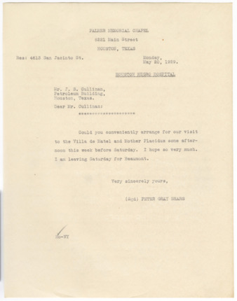 Letter from Peter Gray Sears to J. S. Cullinan, 1929 May 20