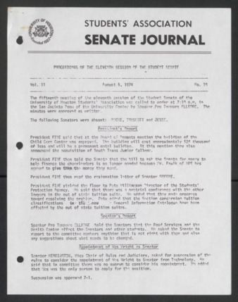 Senate Journal, Eleventh Senate, University of Houston Student Government Association, Minutes, Vol. 11, No. 15, August 5, 1974