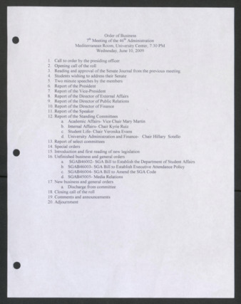Order of Business [Agenda], 7th Meeting of the 46th Administration, June 10, 2009