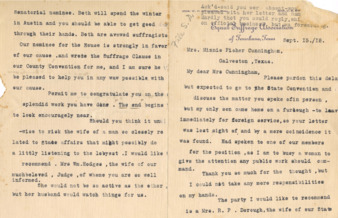 Letter from Mrs. W. J. Hudgins to Mrs. Minnie Fisher Cunningham