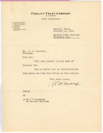 Letter from W. W. Moore to W. T. Sinclair, 1931 February 11