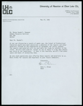 Letter from Hans C. Olsen to Marjorie Randal, 1981 May 27
