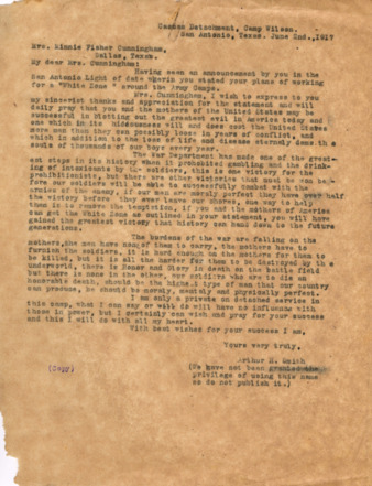 Letter from Arthur H. Smith to Minnie Fisher Cunningham, on creating a white zone around army camps