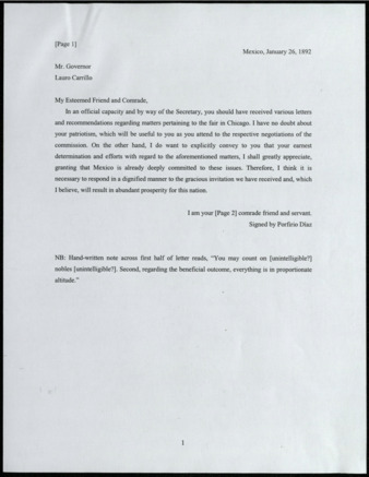 Translation of Letter from Porfirio Díaz to Lauro Carillo, Governor of Chihuahua, 1892 January 26