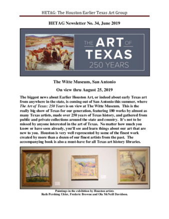 HETAG: The Houston Earlier Texas Art Group Newsletter, No. 34, June 2019