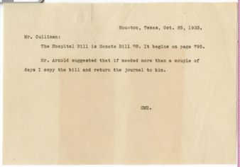 Letter from CMZ to Mr. Cullinan, 1933 October 25