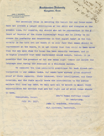 Letter from the Men's Woman Suffrage League of Georgetowon, favoring Women's Suffrage