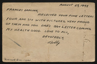 Postcard from Lt. Robert B. Fulton to Mrs. R. B. Fulton, Zentsuji War Prison Camp, Nippon, 1943 August 29