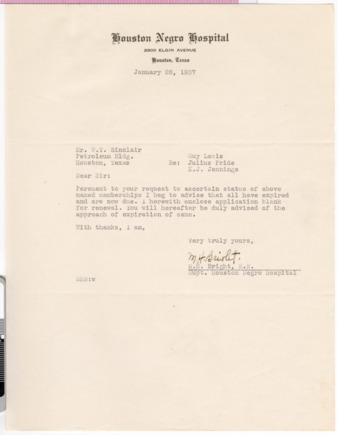Letter from M. H. Bright to W. T. Sinclair, 1937 January 28