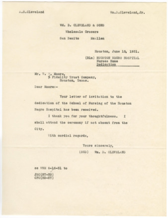 Letter from Wm. D. Cleveland to W. W. Moore, 1931 June 15