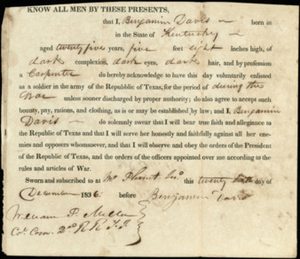 Enlistment form for the Republic of Texas Army signed by Benjamin Davis