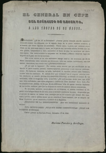 Announcement from Mariano Paredes y Arrillaga to his troops, September 27, 1845