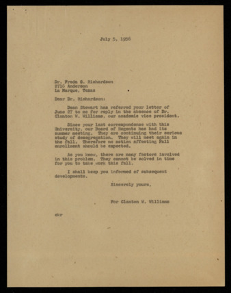 Correspondence between Freda C. Gooden Richardson, Charles R. Stewart, and Clanton W. Williams, concerning Ms. Richardson's application for the college of optometry